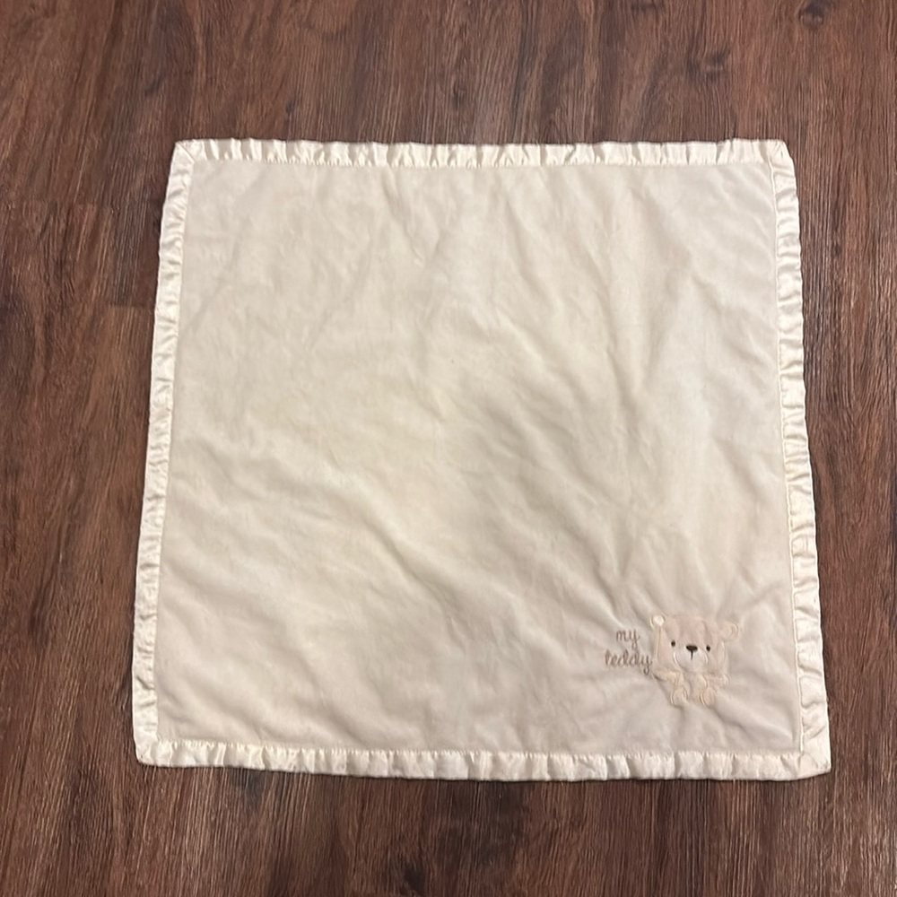 Kyle and Deena Baby Blanket Cream Satin Trim With Teddy Bear Embroidery